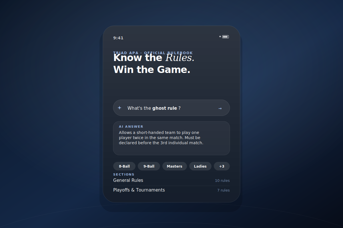 Preview of the Triad APA rulebook app showing an AI-powered search for league rules.