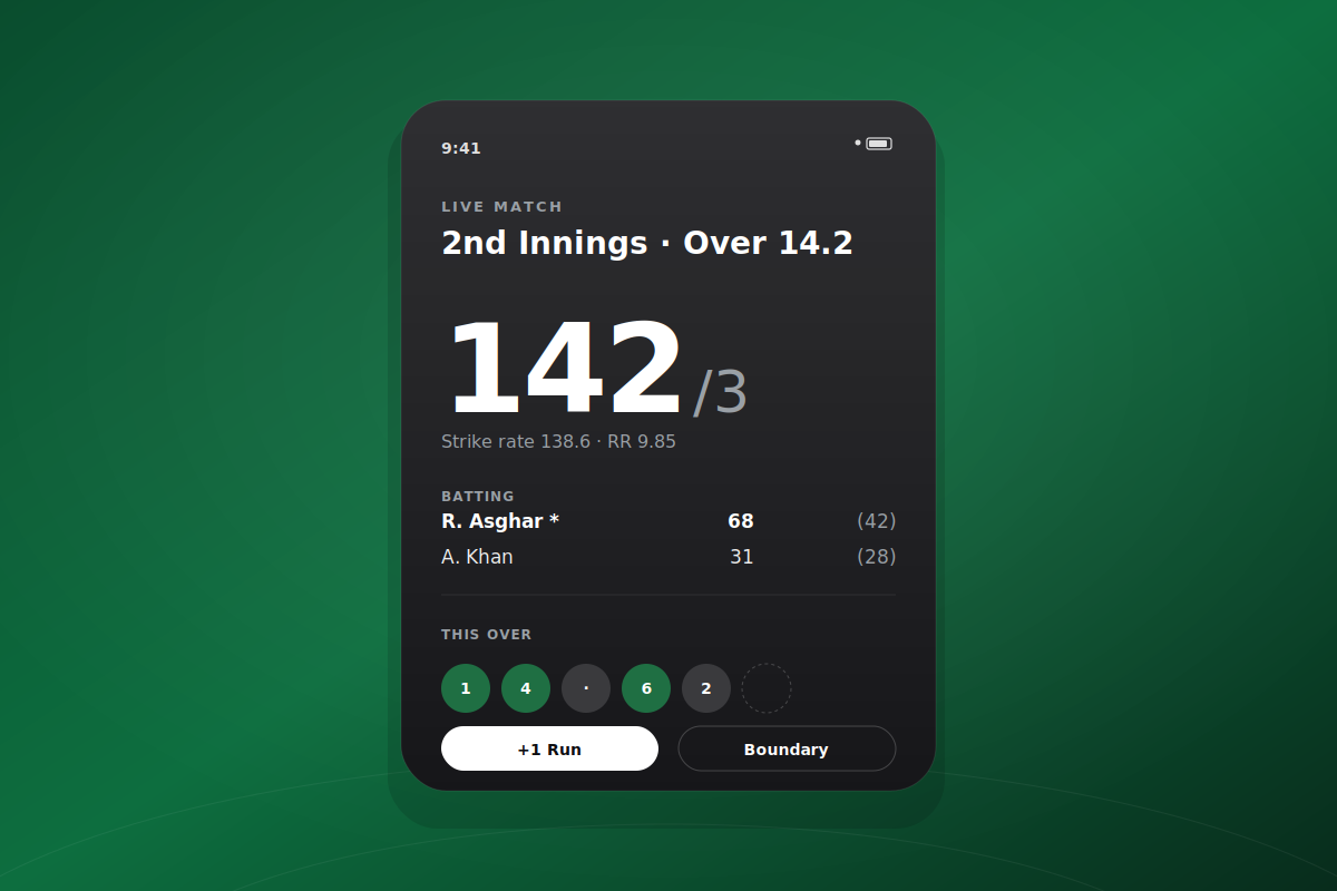 Preview of the Cricket Scoreboard app showing a live match interface with score 142/3.